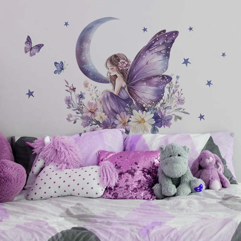 A bedroom wall decal featuring a fairy, butterfly, and crescent moon in purple and white tones.