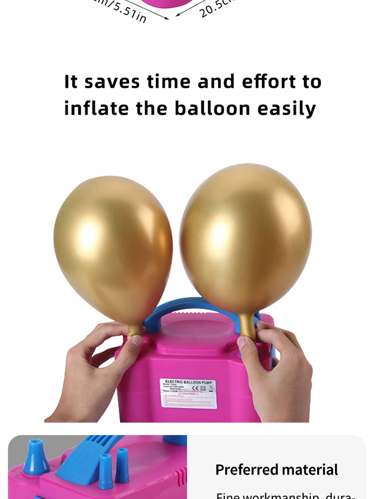 A hand is holding a pink electric balloon pump next to two inflated gold balloons.