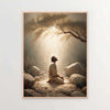 A painting depicting a silhouette of Jesus looking up towards a bright light shining through tree branches and rocks.
