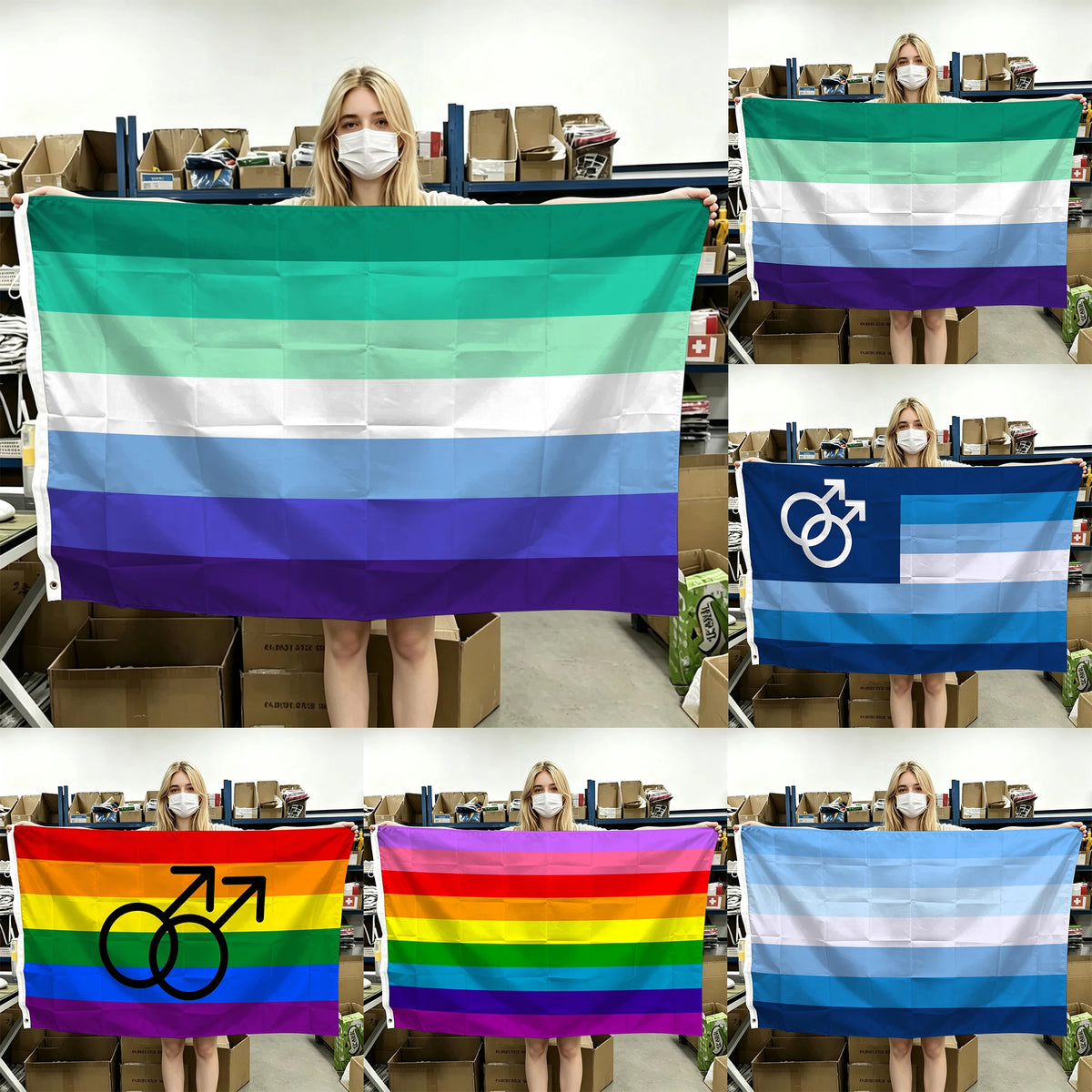 A woman holds a large, horizontal Pride flag banner with six horizontal stripes of green, white, light blue, dark blue, purpl