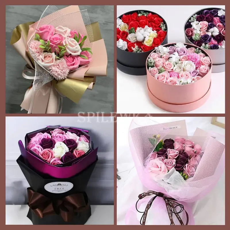 A collection of artificial rose heads in various shades of pink, red, and white arranged for wedding and party decor.