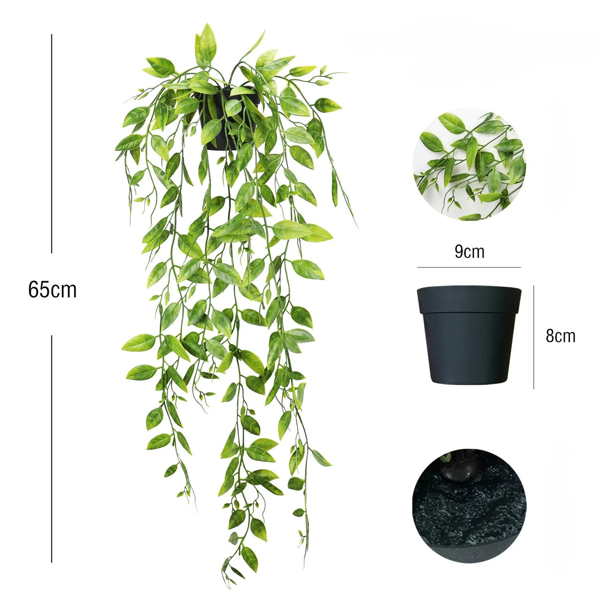 A long, trailing artificial eucalyptus plant with green leaves displayed in a black pot.