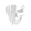 A grayscale skull design featuring the American flag pattern and stars.