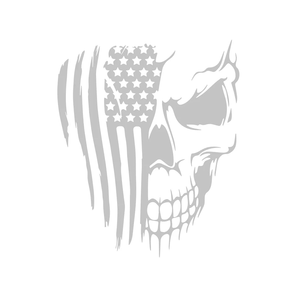 A grayscale skull design featuring the American flag pattern and stars.