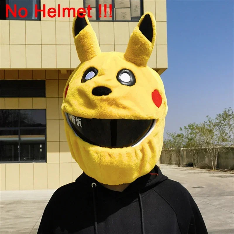 A yellow cartoon plush helmet cover with large ears and a black face, worn by a person.