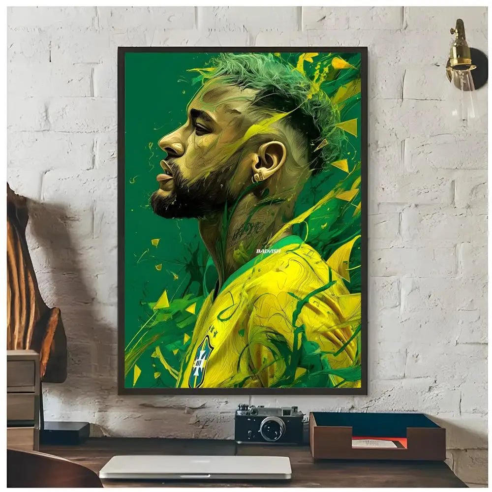 Wall art poster featuring a portrait of Neymar Jr with vibrant green and yellow foliage.