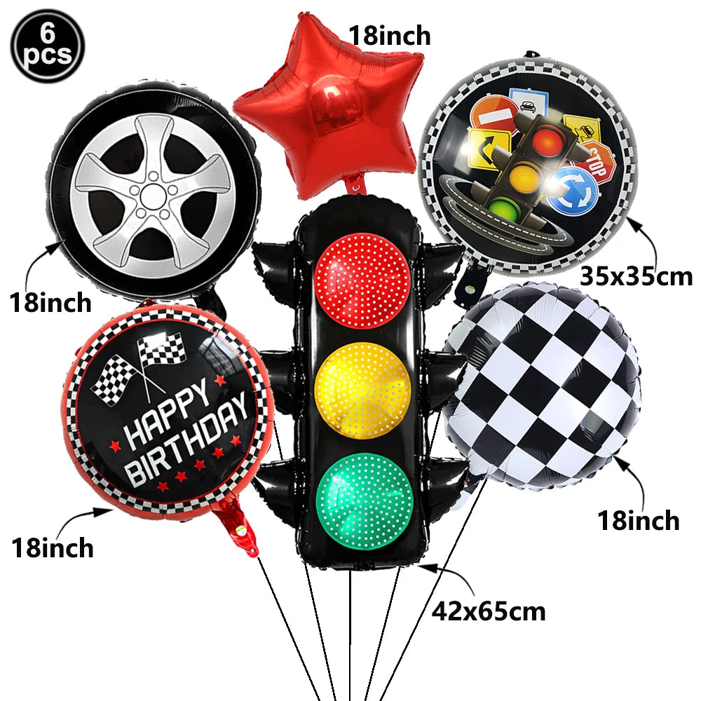 Race Car Birthday Party Balloon Decoration Set with Traffic Lights, Cones & Checkered Flags