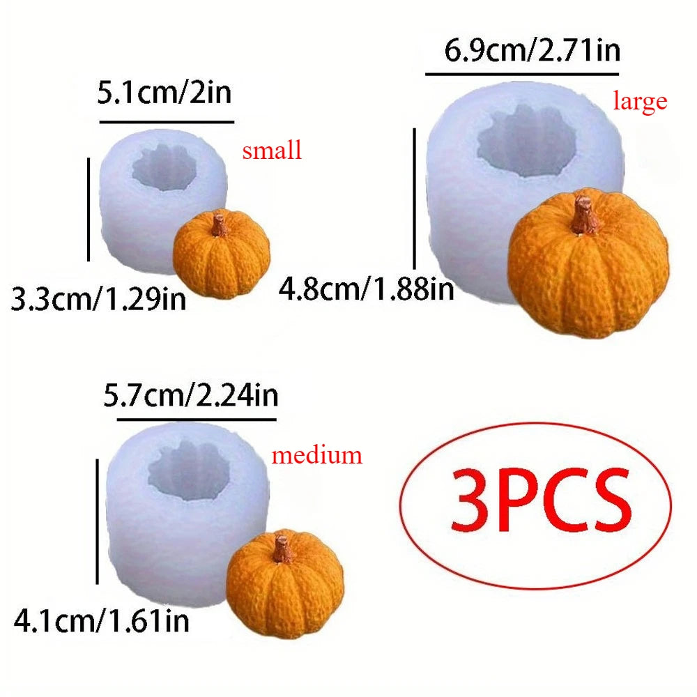 A set of three silicone molds for making fall pumpkin scented candles in small, medium, and large sizes.