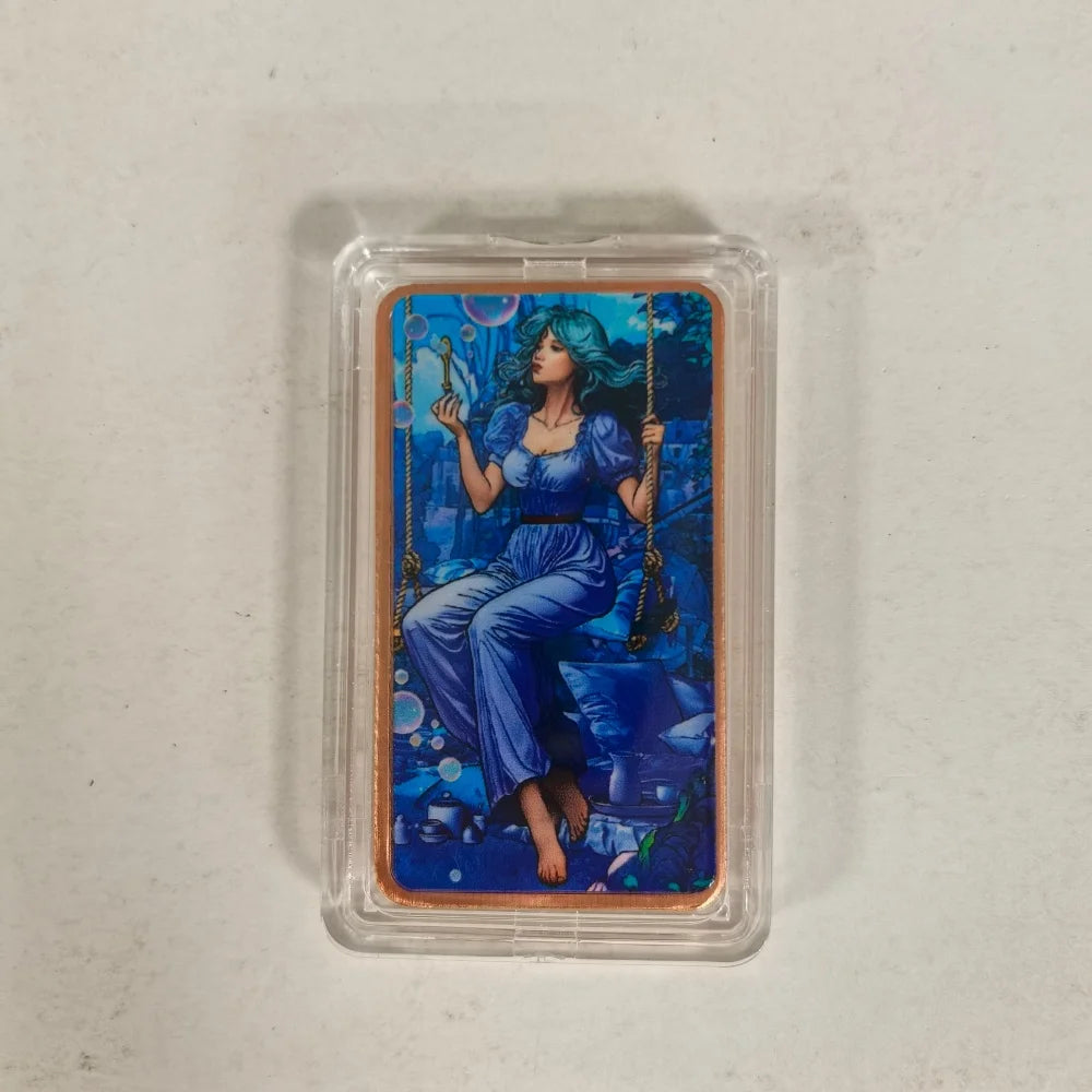 A 1 oz fine copper fantasy art bar is displayed inside a clear protective case.