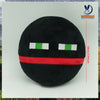 A black plush doll with a red band and white eyes, inspired by horror games.