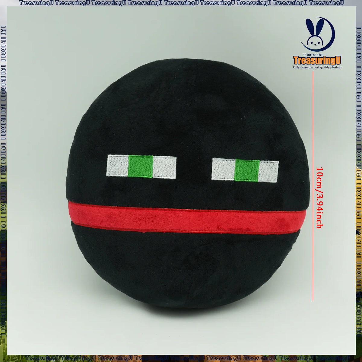 A black plush doll with a red band and white eyes, inspired by horror games.