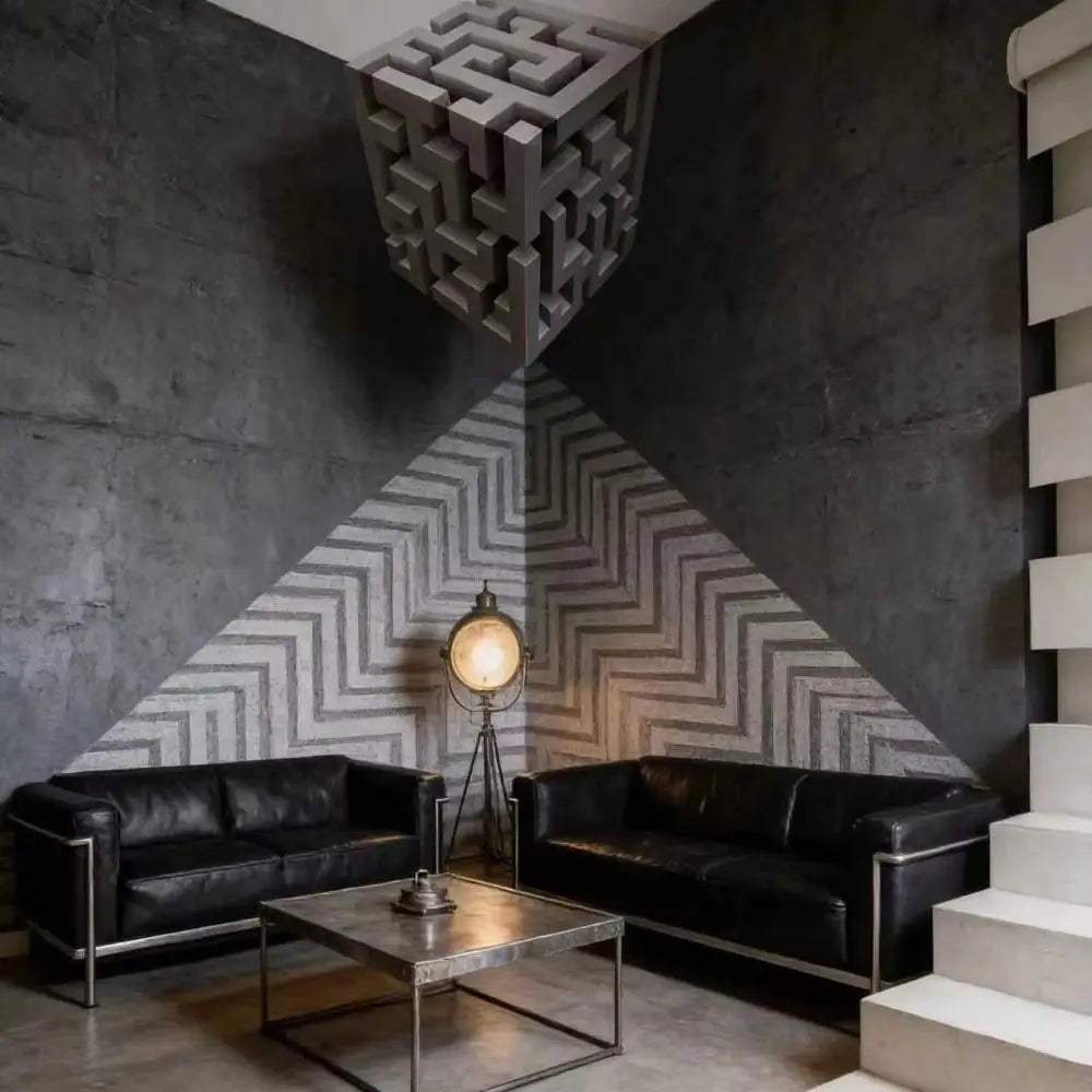A modern interior featuring a dark gray wall with a geometric maze pattern and two black leather sofas.