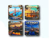 A collection of magnets featuring landmarks and skylines of San Francisco, Houston, Boston, and Detroit.