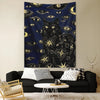 A dark blue tapestry featuring a black cat with glowing yellow eyes and surrounding golden stars.