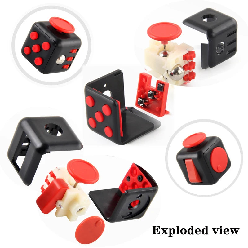 An exploded view of a black fidget cube stress relief toy with red and white components.