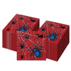 A stack of red paper napkins decorated with blue spiderwebs and spiders for Halloween