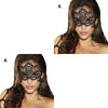 A close-up of a woman wearing an elegant black lace masquerade mask with dangling earrings.