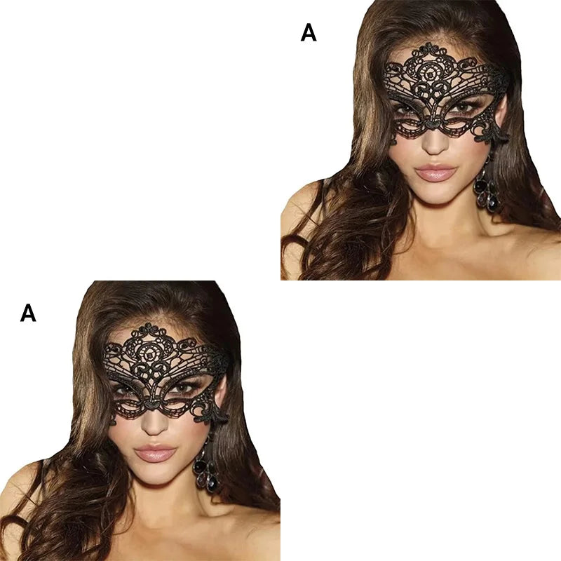A close-up of a woman wearing an elegant black lace masquerade mask with dangling earrings.
