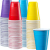 A collection of ten colorful disposable party cups in various shades including purple, red, blue, and yellow.
