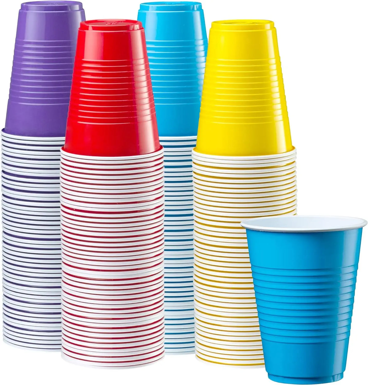 A collection of ten colorful disposable party cups in various shades including purple, red, blue, and yellow.
