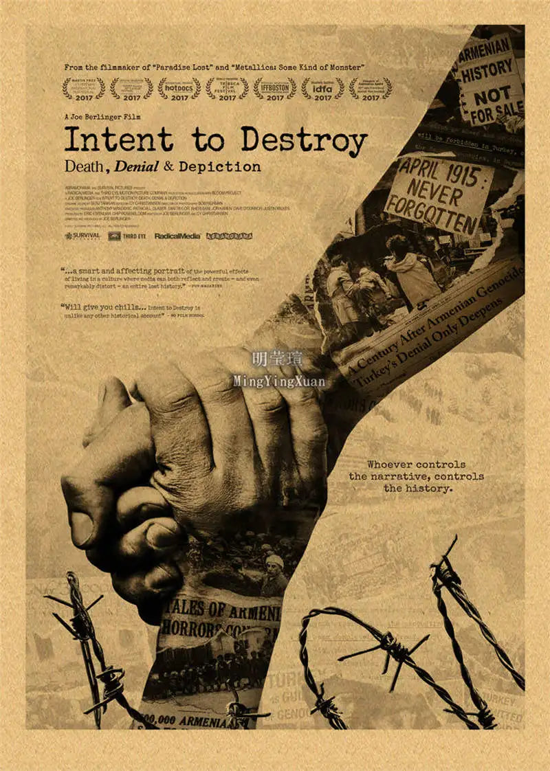 A black and white movie poster titled Intent to Destroy featuring a hand grasping a knife, with text about the filmmaker and 