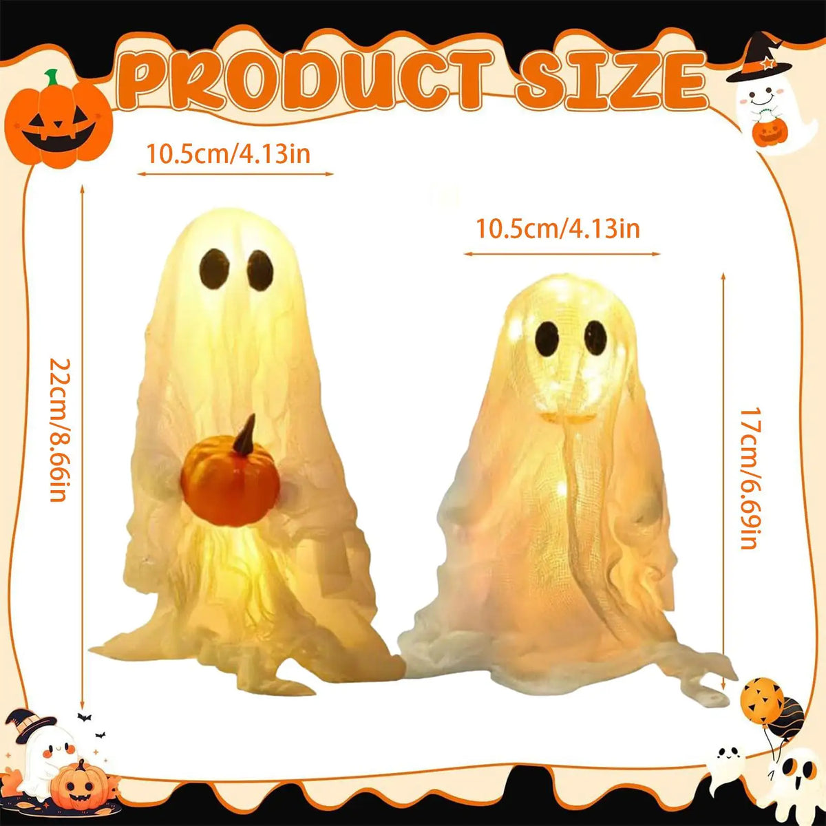 A set of two glowing, translucent ghost decorations for Halloween, shown next to a size reference.