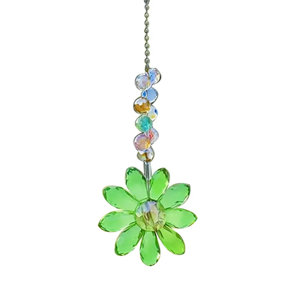 Suncatcher de tournesol en cristal suspendu avec une fleur verte et des perles colorées.