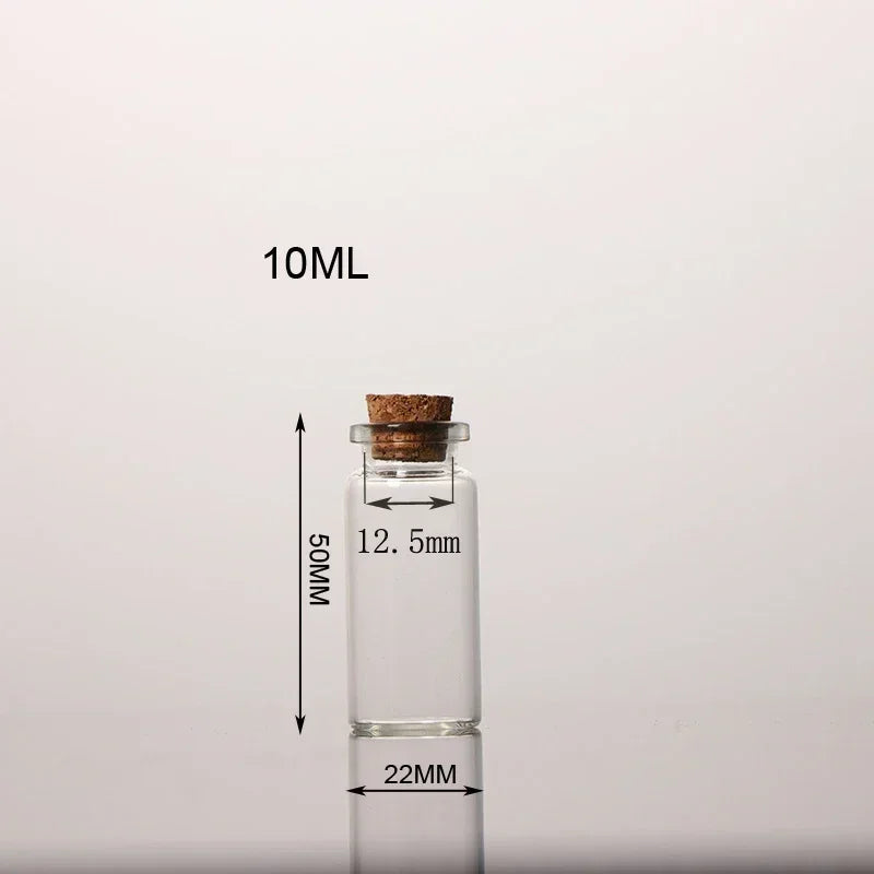 A clear glass bottle with a cork stopper, labeled 10ML and measuring 12.5mm in height.