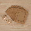 A set of rustic wooden clip photo display frames made from kraft paper, arranged in a fan shape on a light wood surface.