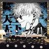 Anime tapestry wall hanging featuring Jujutsu Kaisen Gojo Satoru with spiky white hair and sunglasses against a blue backgrou