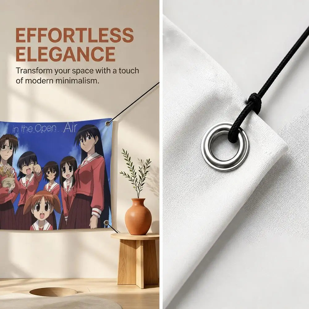 A wall tapestry featuring characters from Azumanga Daioh anime in a vibrant blue background, displayed indoors.