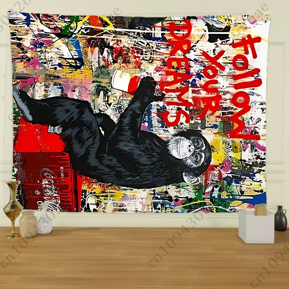 A vibrant tapestry featuring Banksy-inspired street graffiti art with red and black paint splatters on a white background.