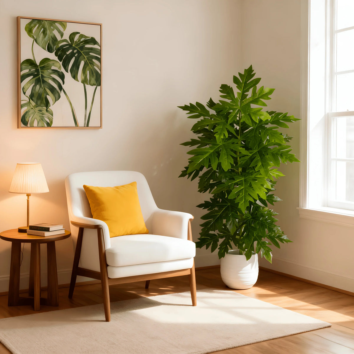 A large artificial papaya leaf plant in a white pot sits next to a white armchair and a wooden side table.
