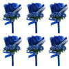 A set of six dusty blue silk rose boutonnières featuring blue flowers and silver bead accents.