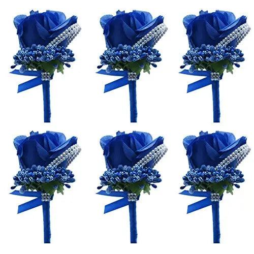 A set of six dusty blue silk rose boutonnières featuring blue flowers and silver bead accents.
