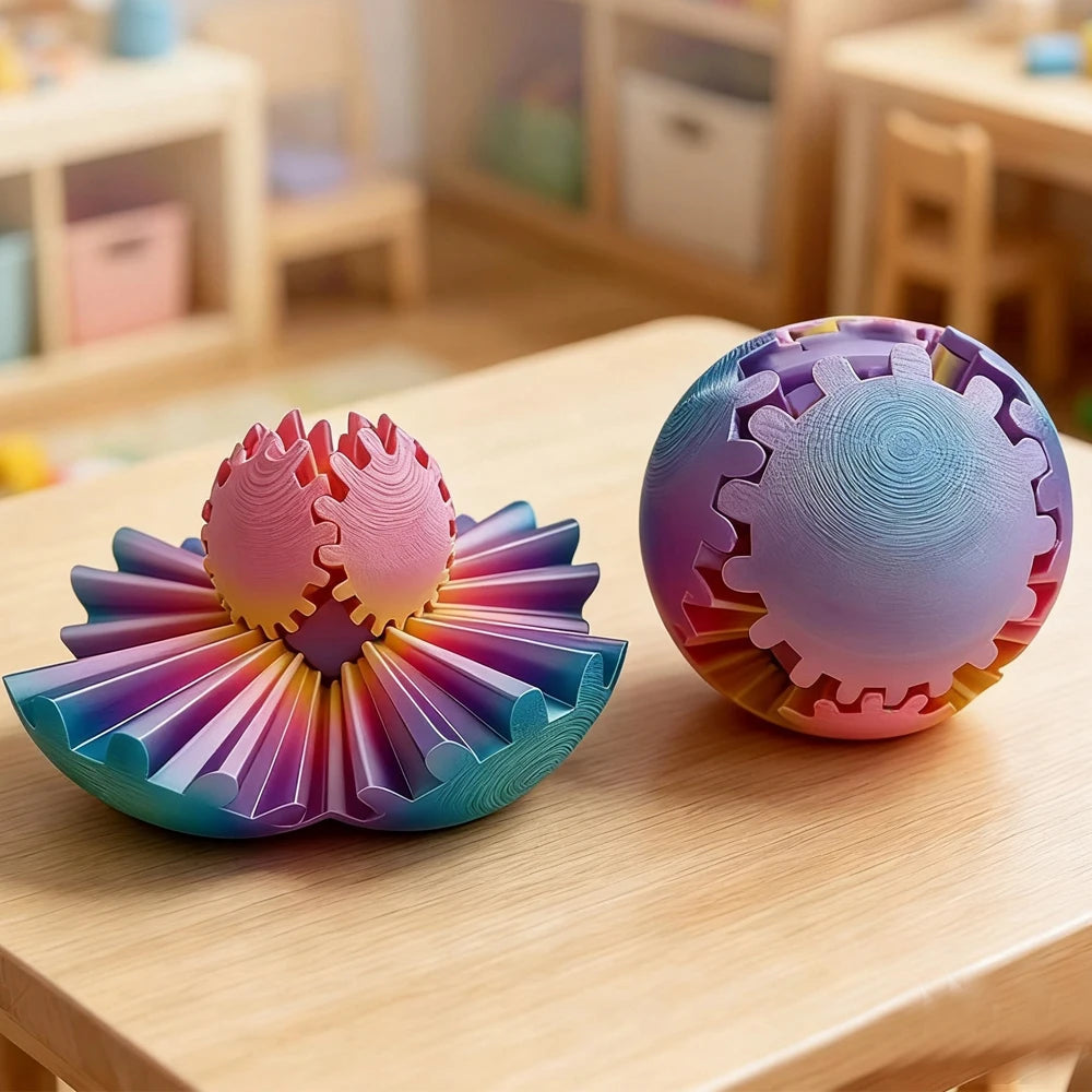 A colorful 3D printed gear ball fidget spinner resting on a wooden table.
