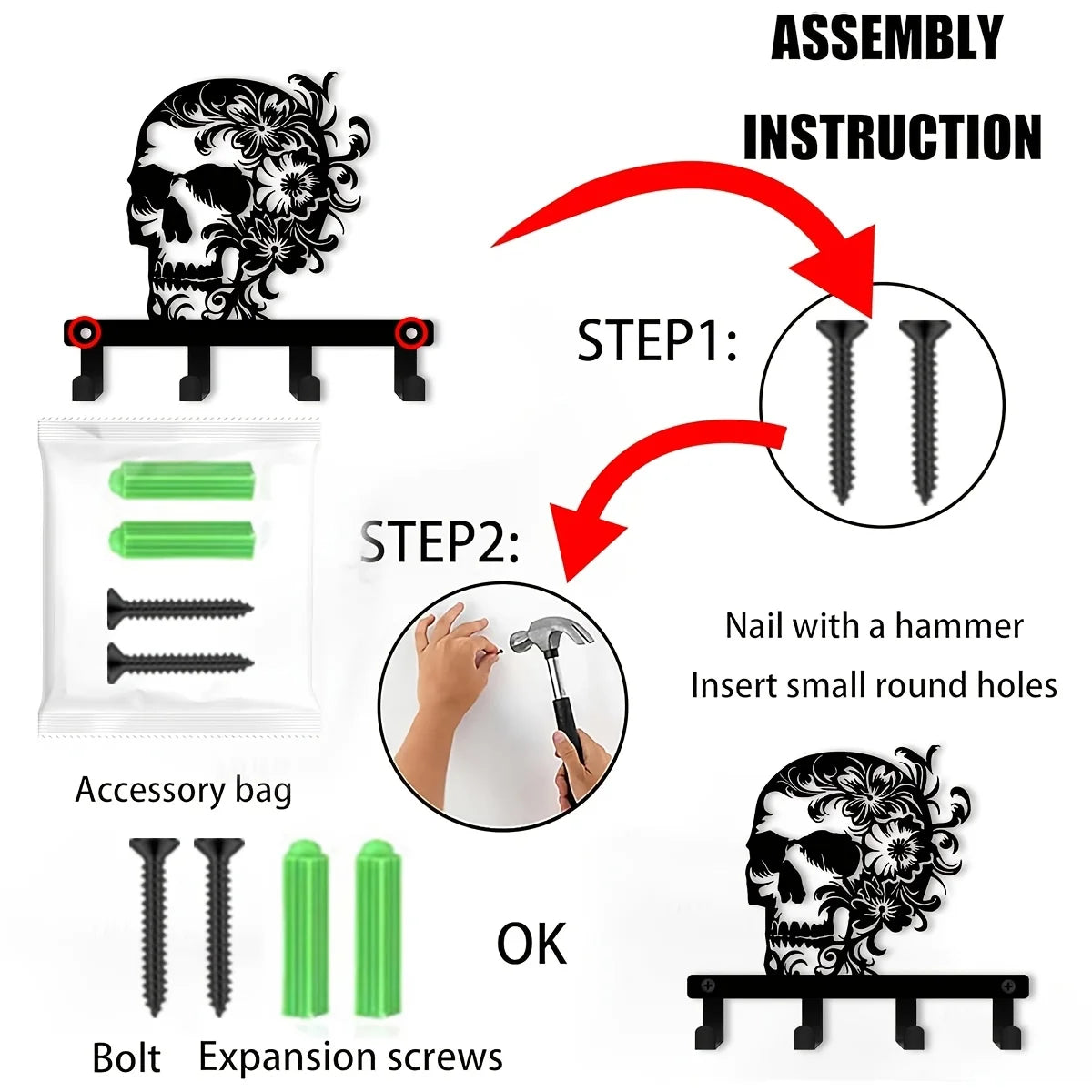 Assembly instructions for an iron skull wall hook with a floral accent, showing bolts and screws.