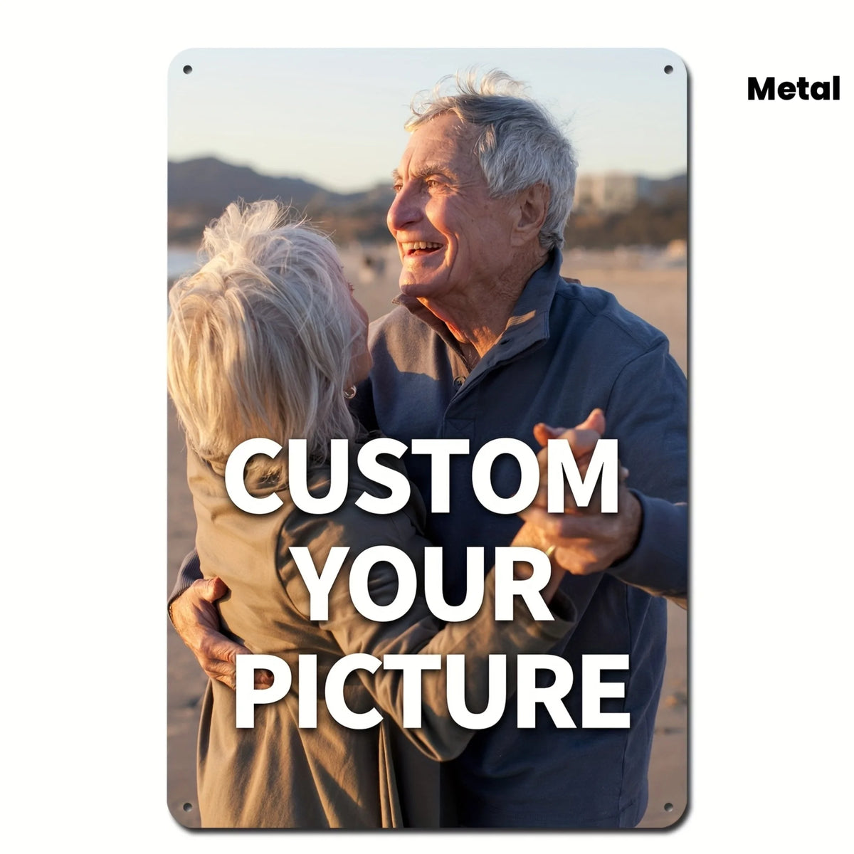 A smiling elderly couple embracing, used as a template for a custom picture metal sign.