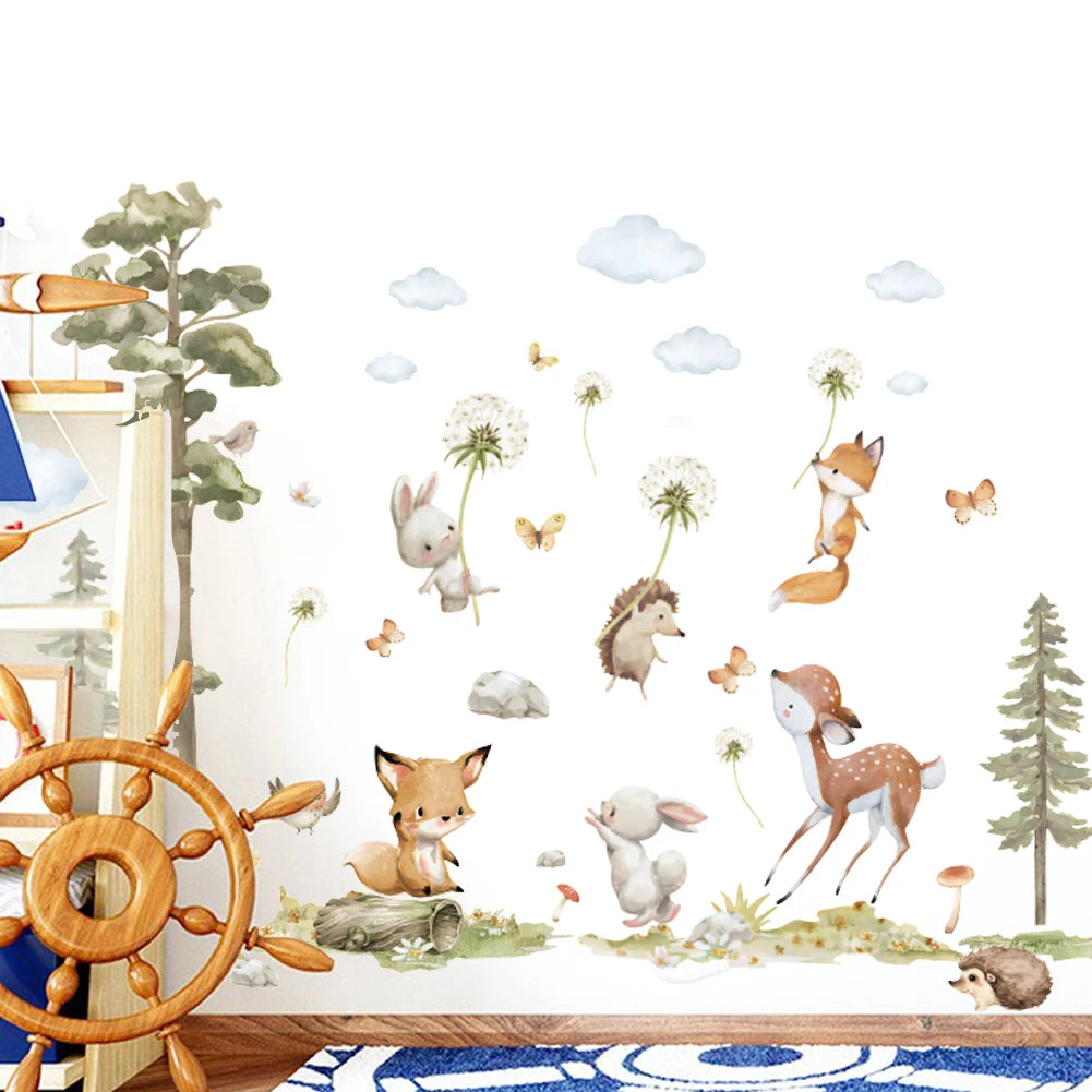 Niedliche Waldtiere Wandsticker mit Füchsen, Hasen und Eichhörnchen auf weißem Hintergrund