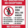 A red and white sign with bold text prohibiting soliciting, ringing bells, knocking, and listing various exclusions.