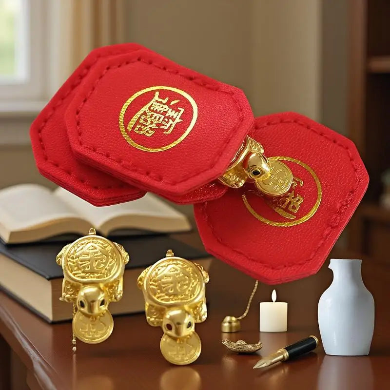 A set of red Fengshui lucky turtle charms with gold accents resting on a wooden surface.