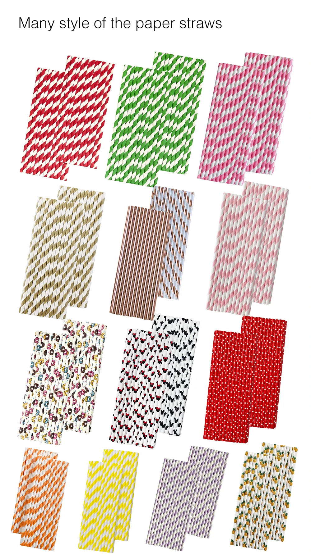 A collection of various colorful striped and polka dot paper drinking straws in different patterns.