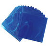 A stack of bright blue decorative acrylic mirror mosaic tiles viewed from an angle.