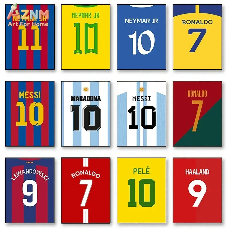 A collection of soccer legends print featuring Messi, Ronaldo, Neymar, and Maradona in various jersey numbers.