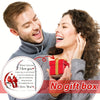 A smiling couple is shown in a close-up, with a woman holding a red gift box and a man looking at her.