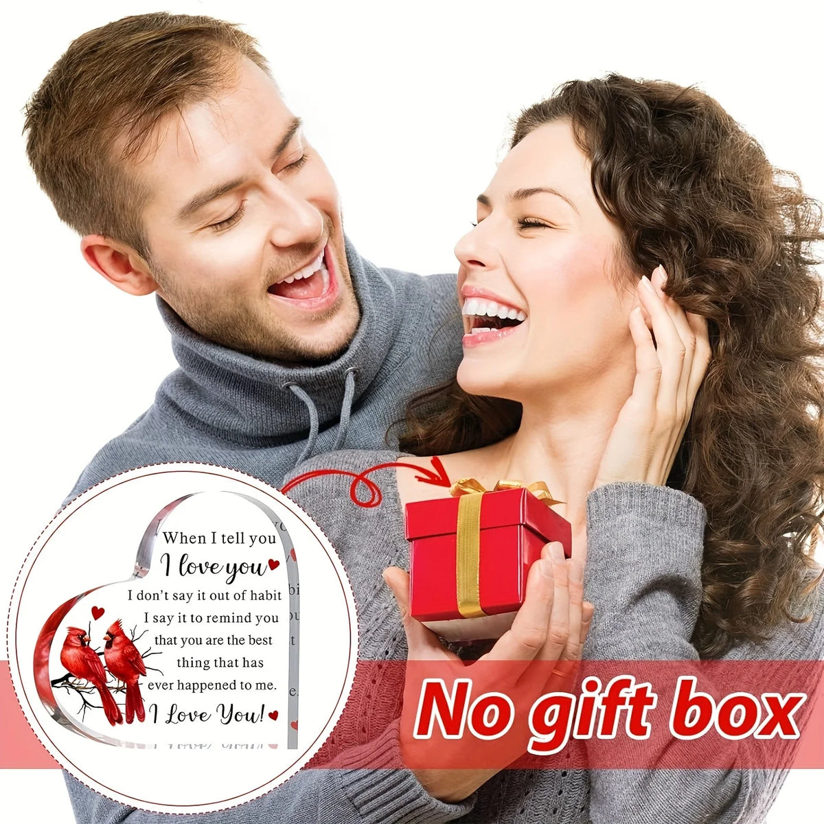 A smiling couple is shown in a close-up, with a woman holding a red gift box and a man looking at her.