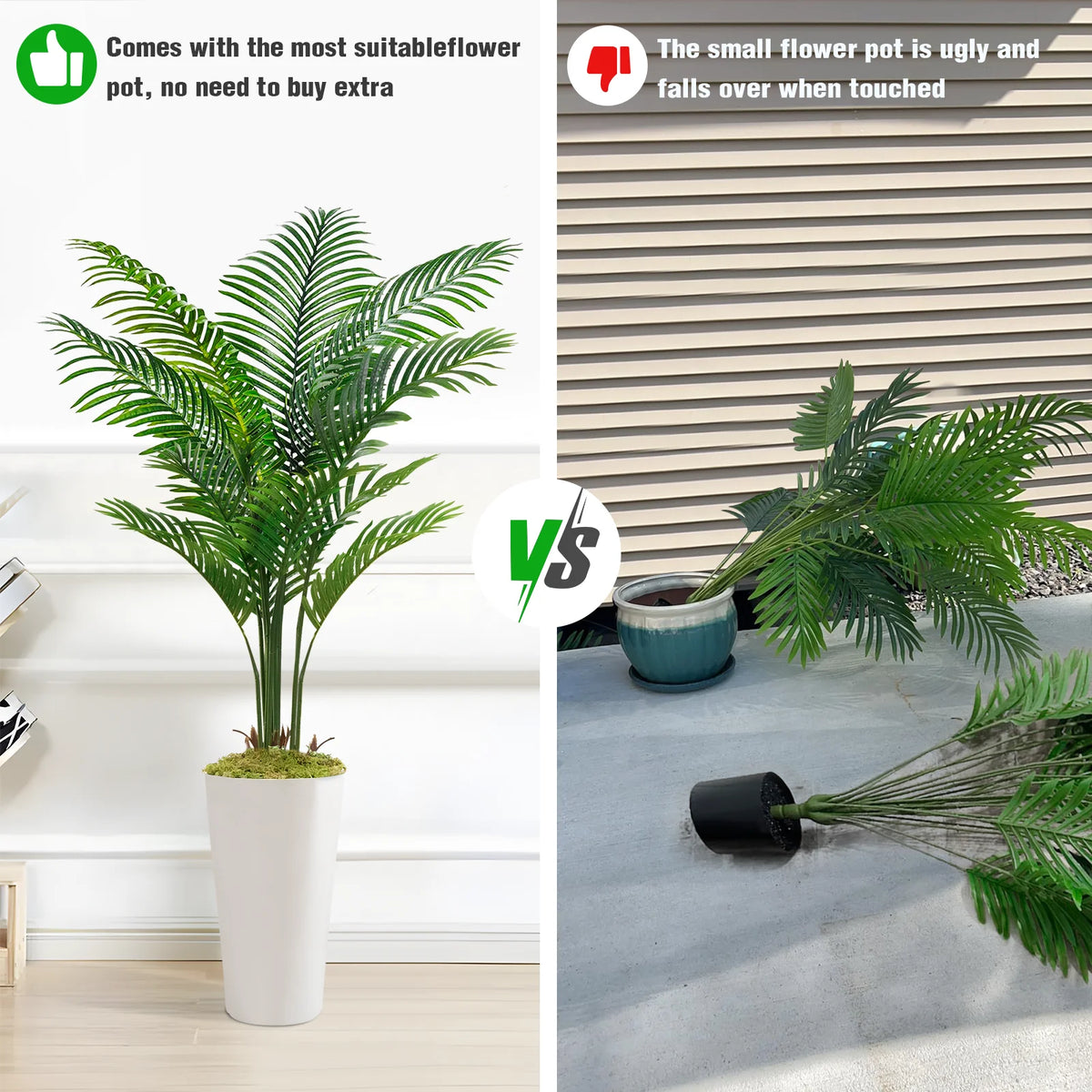 Comparison of an artificial palm tree floor decor plant in a white pot versus a small flower pot that falls over.