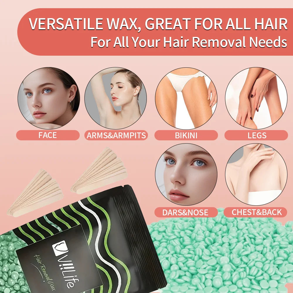 A package of versatile wax for hair removal, shown with various application areas like face, arms, bikini, legs, and chest.