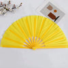 Yellow Tai Chi performance fan made of durable plastic ribs, shown in a fan shape.