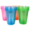 Un set de cinq gobelets en plastique jetables à néon roses, bleus, oranges et verts.